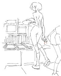 Rule 34 | ass, back, book, camera, greyscale, lineart, looking back, lowres, monochrome, nude, original, shoes, short hair, sirahase, sketch, socks