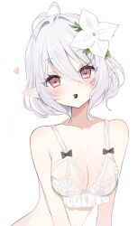 Rule 34 | 1girl, alternate breast size, antenna hair, bare shoulders, blush, bow, bra, breasts, chocolate, cleavage, collarbone, flower, grey hair, hair between eyes, hair flower, hair ornament, head tilt, heart, highres, kokkoro (princess connect!), looking at viewer, medium breasts, pink eyes, pointy ears, princess connect!, short hair, simple background, solo, underwear, underwear only, upper body, white background, white flower, yupi (yuyupiko01)