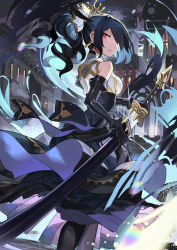Rule 34 | 1girl, bare shoulders, black gloves, black skirt, earrings, elbow gloves, falken (yutozin), from behind, gloves, hair over one eye, highres, holding, holding sword, holding weapon, jewelry, looking at viewer, looking back, original, ponytail, red eyes, short hair, skirt, solo, standing, sword, weapon