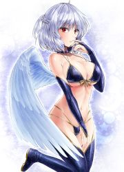 Rule 34 | 1girl, bare shoulders, bikini, blue background, blue bikini, blue footwear, blue gloves, blue nails, boots, braid, breasts, bridal gauntlets, choker, cleavage, commentary request, elbow gloves, feathered wings, front-tie bikini top, front-tie top, gloves, hand up, kishin sagume, large breasts, looking at viewer, multi-strapped bikini, nail polish, navel, red eyes, silver hair, single wing, solo, star (symbol), string bikini, swimsuit, thigh boots, thighhighs, touhou, white background, white wings, wings, y2