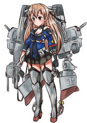 Rule 34 | 1girl, adapted turret, black gloves, black skirt, black thighhighs, blue shirt, breasts, brown eyes, cannon, cleavage, commentary request, garter straps, gloves, ikkakimeru, johnston (kancolle), kantai collection, light brown hair, long hair, looking down, machinery, medium breasts, off shoulder, pleated skirt, rudder footwear, sailor collar, school uniform, serafuku, shin guards, shirt, simple background, single glove, skirt, smokestack, solo, standing, thighhighs, turret, two side up, united states medal of honor, white background