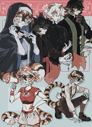Rule 34 | 1girl, 3boys, aak (arknights), animal ears, arknights, black capelet, black gloves, black hair, black hat, book, brown hat, brown socks, capelet, cat boy, clothes writing, crop top, dog boy, dragon boy, furry, furry female, furry male, glasses, gloves, habit, hair between eyes, hair over one eye, hand on own hip, hat, highres, holding, holding book, horns, hung (arknights), jewelry, lee (arknights), megaphone, multiple boys, multiple views, necklace, nun, on one knee, praying, priest, red horns, red shirt, rosary, shirt, shorts, single horn, sirakaro, socks, tiger ears, tiger girl, waai fu (arknights), white hair, white shorts, yellow eyes
