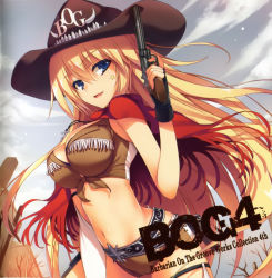 Rule 34 | 1girl, bikini, bikini top only, blonde hair, blue eyes, breasts, cape, cowboy hat, cowboy western, crop top, cross, cross necklace, artistic error, fingerless gloves, fringe trim, front-tie top, gloves, gun, hat, highres, jewelry, large breasts, long hair, looking at viewer, midriff, navel, necklace, open mouth, original, poncho, shiny skin, short shorts, shorts, smile, swimsuit, tomose shunsaku, very long hair, weapon