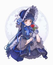 Rule 34 | 1girl, alternate costume, blue hair, blue ribbon, blush, bonnet, cropped legs, dark blue hair, flower, frilled bonnet, frilled headwear, gloves, grey gloves, highres, holding, holding flower, idolmaster, idolmaster million live!, idolmaster million live! theater days, kitakami reika, lolita fashion, long hair, looking at viewer, nys, red flower, red rose, ribbon, rose, signature, simple background, solo, sweet lolita, very long hair, white background, wide sleeves