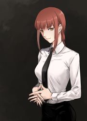Rule 34 | 1girl, black necktie, black pants, braid, braided ponytail, breasts, brown hair, business suit, chainsaw man, collared shirt, formal, long sleeves, looking at viewer, makima (chainsaw man), medium breasts, medium hair, necktie, neckwear request, pants, ra ekk, ringed eyes, shirt, shirt tucked in, simple background, smile, solo, suit, yellow eyes