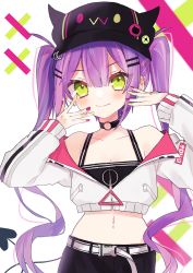 Rule 34 | 1girl, absurdres, bad id, bad pixiv id, belt, black hat, black pants, blush, breasts, choker, cleavage, closed mouth, fang, fang out, fangs, fingernails, green eyes, hair ornament, hairclip, hands up, hat, hat ring, highres, hololive, horned hat, jacket, long hair, looking at viewer, midriff, multicolored nails, nail polish, navel, navel piercing, noi mine, o-ring, o-ring choker, pants, piercing, red nails, skin fang, skin fangs, smile, solo, tokoyami towa, twintails, very long hair, virtual youtuber, white belt, white jacket, yellow nails