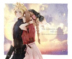 Rule 34 | 1boy, 1girl, aerith gainsborough, belt, blonde hair, blue eyes, blue shirt, blush, bracelet, braid, brown hair, cloud, cloud strife, cloudy sky, cropped jacket, dress, english text, final fantasy, final fantasy vii, final fantasy vii remake, gloves, green eyes, hair ribbon, hand on another&#039;s head, highres, jacket, jewelry, long dress, parted bangs, pink dress, pink ribbon, rain, red jacket, ribbon, shirt, sky, sleeveless, sleeveless turtleneck, spiked hair, square enix, suspenders, turtleneck, upper body, yco 030601