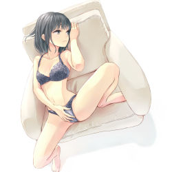 Rule 34 | 1girl, bad id, bad pixiv id, barefoot, black eyes, black hair, bra, breasts, chair, cleavage, covering privates, covering crotch, female masturbation, fingering, leaning back, masturbation, navel, original, panties, short hair, sitting, small breasts, solo, spread legs, tokumaru, underwear, underwear only