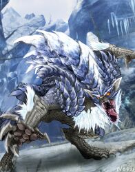 Rule 34 | absurdres, animal ears, claws, highres, ice, looking at viewer, lunagaron, monster focus, monster hunter (series), monster hunter rise, no86484588, scales, sharp teeth, spikes, tail, teeth, wolf, wolf ears, yellow eyes