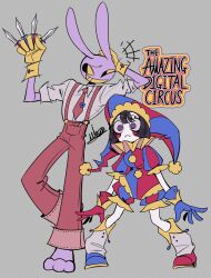 Rule 34 | 1boy, 1girl, 3mia hadi3, adapted costume, animal ears, asymmetrical gloves, blue eyes, blue gloves, blue headwear, blush stickers, brown hair, clenched teeth, colored sclera, full body, gloves, hat, hat bell, highres, jax (the amazing digital circus), jester, jester cap, jester costume, mismatched gloves, multicolored clothes, multicolored headwear, necktie, overalls, pomni (the amazing digital circus), rabbit boy, rabbit ears, red eyes, red gloves, red headwear, red necktie, red overalls, smile, standing, striped clothes, striped headwear, teeth, the amazing digital circus, two-tone eyes, vertical-striped bodysuit, vertical-striped clothes, vertical-striped headwear, yellow gloves, yellow sclera, yellow teeth