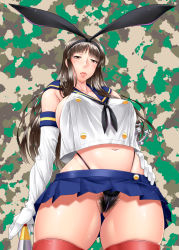 Rule 34 | 1girl, ayato, black hair, black hairband, black panties, blue skirt, blunt bangs, breasts, brown eyes, cosplay, crop top, crossover, elbow gloves, female pubic hair, girls und panzer, gloves, hairband, highleg, highleg panties, highres, kantai collection, large breasts, long hair, microskirt, nishizumi shiho, panties, pleated skirt, pubic hair, pubic hair peek, shimakaze (kancolle), shimakaze (kancolle) (cosplay), skirt, solo, straight hair, striped clothes, striped thighhighs, thighhighs, thong, underwear, white gloves