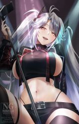 Rule 34 | 1girl, :d, antenna hair, azur lane, belt, black belt, black jacket, black panties, black shirt, black shorts, black thighhighs, blush, bow, bowtie, breasts, commentary request, cowboy shot, cropped jacket, grey hair, hair between eyes, head tilt, headgear, highleg, highleg panties, highres, holding, holding microphone, idol, idol clothes, jacket, large breasts, long hair, long sleeves, looking at viewer, microphone, multicolored hair, navel, official alternate costume, open clothes, open jacket, open mouth, panties, parted bangs, plaid, plaid bow, plaid bowtie, prinz eugen (azur lane), prinz eugen (muse) (azur lane), red hair, shirt, short shorts, shorts, sideboob, sidelocks, signature, sitting, skindentation, smile, solo, spotlight, stomach, streaked hair, swept bangs, takemi mochi, teeth, thighhighs, two side up, underwear, upper teeth only, very long hair, watermark