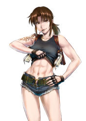 Rule 34 | 1girl, abs, azasuke, belt, black lagoon, black tank top, breasts, brown eyes, brown hair, chest strap, cigarette, clothes lift, cross, denim, denim shorts, fingerless gloves, frayed clothes, gloves, gun, hand on own hip, handgun, highres, holster, holstered, long hair, looking at viewer, medium breasts, midriff, muscular, navel, pistol, ponytail, revy (black lagoon), shirt lift, short shorts, shorts, sidelocks, simple background, smile, standing, tank top, tattoo, tomboy, toned, weapon, white background