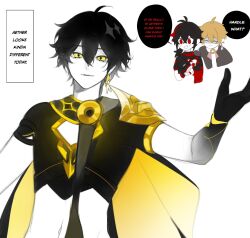 Rule 34 | 3boys, aether (genshin impact), ahoge, alternate color, alternate eye color, alternate hair color, antenna hair, arm armor, armor, asymmetrical sleeves, bandaged hand, bandages, black cape, black gloves, black hair, black scarf, black shirt, blonde hair, braid, cape, closed eyes, closed mouth, commentary, crossed bangs, dual persona, earrings, english commentary, english text, false smile, fingerless gloves, genshin impact, gloves, gold trim, hair between eyes, hand on another&#039;s shoulder, hand up, highres, japanese clothes, jewelry, kaedehara kazuha, long hair, long sleeves, looking at another, looking at viewer, male focus, mismatched sleeves, multicolored hair, multiple boys, open mouth, own hands together, pom pom (clothes), ponytail, red eyes, red hair, red ribbon, red scarf, ribbon, scarf, shaded face, shirt, short hair, short ponytail, short sleeves, shoulder armor, single earring, single glove, smile, sn jiho, speech bubble, tassel, teeth, two-sided cape, two-sided fabric, two-tone hair, white scarf, wide sleeves, yellow cape, yellow eyes