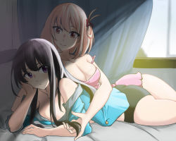 Rule 34 | 2girls, absurdres, bed, black hair, black panties, blonde hair, breasts, camisole, cleavage, collarbone, curtains, hair ribbon, highres, indoors, inoue takina, large breasts, long hair, looking at another, lycoris recoil, multiple girls, nishikigi chisato, on bed, panties, playing with another&#039;s hair, purple eyes, red eyes, ribbon, shadow, short hair, smile, sunlight, unbuttoned, unbuttoned shirt, underwear, window, yuri