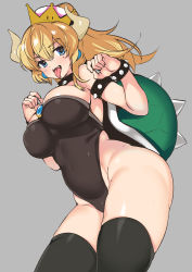 Rule 34 | 1girl, armlet, bare arms, bare hips, bare shoulders, bed sheet, black collar, black leotard, black thighhighs, blue eyes, blue gemstone, blush, borrowed design, bowsette, bracelet, breasts, cleavage, collar, collarbone, commentary request, covered navel, crown, forked eyebrows, gem, grey background, hands up, high ponytail, highleg, highleg leotard, highres, hip bones, horns, jewelry, large breasts, leotard, long hair, looking at viewer, mario (series), new super mario bros. u deluxe, nintendo, ruri rarako, simple background, sitting, solo, spiked armlet, spiked bracelet, spiked collar, spikes, strapless, strapless leotard, super crown, thick eyebrows, thighhighs, tilted headwear, tongue, tongue out, turtle shell, v-shaped eyebrows, white background