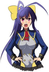 Rule 34 | 1girl, angry, antenna hair, blazblue, blazblue remix heart, blue hair, bow, breasts, drawfag, frown, genderswap, genderswap (mtf), hair bow, hands on own hips, large breasts, long hair, looking at viewer, mai natsume, open mouth, ponytail, purple eyes, ribbon, school uniform, skirt, solo, transparent background, upper body, very long hair, yellow bow