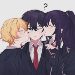 Rule 34 | 3boys, ?, biting, black eyes, black hair, blonde hair, blush, cheek biting, closed eyes, collared shirt, high ponytail, hong lu (project moon), limbus company, long hair, male focus, mokapome, multiple boys, necktie, one eye closed, parted lips, project moon, red necktie, shirt, simple background, sinclair (project moon), very long hair, white background, white shirt, yi sang (project moon)