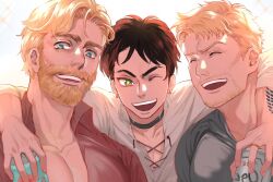 Rule 34 | 3boys, :d, arm on another&#039;s shoulder, bara, beard, blonde hair, boy sandwich, brothers, eren yeager, facial hair, glasses, goatee stubble, green eyes, happy, male focus, mature male, multiple boys, one eye closed, open mouth, pectoral cleavage, pectorals, reiner braun, sandwiched, shiba44469, shingeki no kyojin, shirt, short hair, siblings, smile, stubble, t-shirt, thick eyebrows, upper body, zeke yeager