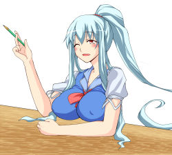 Rule 34 | 1girl, alternate hairstyle, arm up, ascot, bad id, bad pixiv id, between breasts, blue hair, blush, breast rest, breasts, cleavage, covered erect nipples, desk, female focus, hairband, impossible clothes, impossible shirt, kamishirasawa keine, large breasts, long hair, one eye closed, open mouth, orange eyes, pencil, ponytail, shirt, short sleeves, simple background, solo, touhou, v-neck, very long hair, white background, wink, wooden pencil, yamane akira