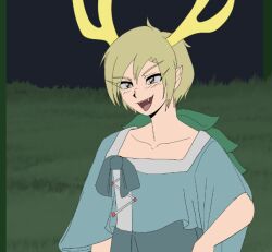 Rule 34 | 1girl, antlers, blonde hair, blue shirt, collarbone, dragon girl, dragon horns, fangs, green scales, horns, kicchou yachie, monster girl, open mouth, pointy ears, red eyes, scales, shirt, short hair, simple background, smile, solo, square neckline, step arts, teeth, touhou, turtle shell, yellow horns