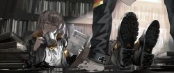 Rule 34 | 1girl, black footwear, black jacket, black shirt, book, book stack, bookshelf, boots, brown hair, commentary, cross, cup, drinking, feet on table, fujita (condor), girls&#039; frontline, gloves, highres, hk416 (girls&#039; frontline), holding, holding book, iron cross, jacket, library, light, light particles, looking to the side, mug, neck ribbon, one side up, pantyhose, reading, ribbon, scar, scar across eye, scar on face, shirt, sleeve cuffs, ump45 (girls&#039; frontline), white gloves, white shirt, yellow eyes