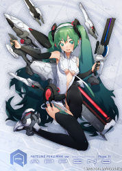 Rule 34 | 1girl, alternate costume, black thighhighs, bridal gauntlets, center opening, character name, gradient hair, green eyes, green hair, hatsune miku, hatsune miku (append), highres, kneeling, long hair, matching hair/eyes, mhk (mechamania), multicolored hair, necktie, open mouth, smile, solo, thighhighs, twintails, very long hair, vocaloid, vocaloid append