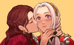 Rule 34 | 2girls, armor, armored dress, brown hair, closed eyes, closed mouth, commentary, commission, dorothea arnault, dress, earrings, edelgard von hresvelg, english commentary, fire emblem, fire emblem: three houses, fire emblem warriors: three hopes, hairband, highres, jewelry, kiss, kissing cheek, lips, long hair, looking at viewer, multiple girls, nintendo, official alternate costume, official alternate hairstyle, pink lips, purple eyes, red dress, sethkiel, simple background, upper body, wavy hair, white hair, yellow background, yuri