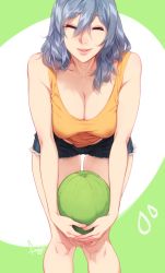 Rule 34 | 1girl, bent over, blue hair, breasts, cleavage, closed eyes, eyes visible through hair, feet out of frame, feguimel, food, fruit, green background, hair between eyes, highres, large breasts, melon, original, short shorts, shorts, simple background, solo, standing, white background