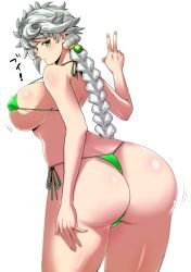 Rule 34 | 10s, 1girl, ass, bad anatomy, bikini, blush, braid, breasts, curvy, green eyes, huge ass, huge breasts, kantai collection, long hair, looking at viewer, looking back, narrow waist, parted lips, perepere-kun, shiny skin, sideboob, solo, swimsuit, thong, unryuu (kancolle), v, white hair, wide hips