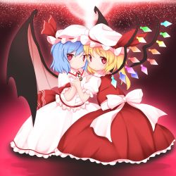 Rule 34 | 2girls, :o, aura, bat wings, blonde hair, blouse, blue hair, brooch, commentary, diffraction spikes, expressionless, flandre scarlet, hair between eyes, hat, hat ribbon, heads together, highres, holding hands, interlocked fingers, jewelry, kneeling, lens flare, light particles, looking at viewer, looking back, mob cap, multiple girls, puffy short sleeves, puffy sleeves, red background, red eyes, red skirt, red vest, remilia scarlet, ribbon, sash, satoru (enheionline), shirt, short hair, short sleeves, siblings, side ponytail, sisters, skirt, touhou, vest, white shirt, white skirt, wings