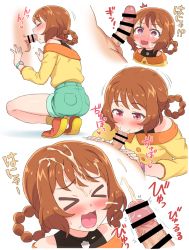 Rule 34 | &gt; &lt;, 1boy, 1girl, :&gt;=, :3, :d, ^^^, blush, brown hair, censored, closed eyes, cum, cum on hair, delicious party precure, erection, facial, fellatio, hair rings, hanamichi ran, hetero, highres, off-shoulder shirt, off shoulder, open mouth, oral, penis, penis awe, penis shadow, pink eyes, precure, red eyes, red footwear, shirt, shoes, smile, socks, squatting, watch, wide-eyed, wristwatch, yellow shirt, yellow socks, yoban