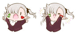 Rule 34 | 1girl, arrow (symbol), black scrunchie, brown jacket, chibi, collared shirt, cropped torso, ear piercing, facial mark, grey hair, hair ornament, hair over one eye, hair scrunchie, heart, highres, jacket, long sleeves, multiple views, nikki kyousuke, original, outstretched arms, piercing, pointy ears, scrunchie, shirt, side ponytail, sleeves past wrists, twitter username, upper body, white shirt