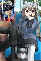 Rule 34 | 1girl, :d, animal ear fluff, animal ears, black bow, black bowtie, black eyes, black footwear, black skirt, blue shirt, blush, bow, bowtie, chair, commentary request, common raccoon (kemono friends), elbow gloves, foot out of frame, gloves, grey gloves, grey hair, gun, highres, kemono friends, loafers, open mouth, pantyhose, pleated skirt, raccoon, raccoon ears, raccoon girl, raccoon tail, reference inset, rexeig, shirt, shoes, short sleeves, sitting, skirt, smile, solo, tail, teeth, upper teeth only, weapon, white pantyhose