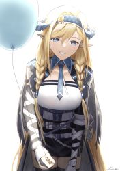 Rule 34 | 1girl, absurdres, arknights, balloon, belt, black skirt, blonde hair, blue eyes, blue hairband, blue necktie, braid, commentary request, cowboy shot, grin, hair between eyes, hairband, highres, holding, holding balloon, horns, long hair, looking at viewer, necktie, pencil skirt, pointy ears, saileach (arknights), shirata98, shirt, simple background, skirt, smile, solo, standing, twin braids, very long hair, white background, white shirt