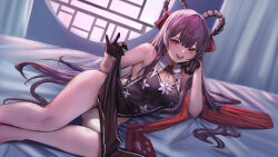 Rule 34 | 1girl, arenoyoni, bare legs, braided hair rings, china dress, chinese clothes, cleavage cutout, clothes lift, clothing cutout, dress, gloves, goddess of victory: nikke, hair ribbon, head on hand, highres, long hair, looking at viewer, lying, red eyes, ribbon, skirt, skirt lift, smile, thighs, yan (nikke)