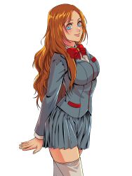 Rule 34 | 1girl, absurdres, arm behind back, bleach, blue eyes, blush, bow, breasts, brown eyes, closed mouth, collared shirt, commentary, eyelashes, from side, grey jacket, grey skirt, hair over shoulder, highres, inoue orihime, jacket, large breasts, lips, long hair, long sleeves, looking at viewer, miniskirt, nose, orange hair, parted bangs, pleated skirt, red bow, shirt, simple background, skirt, smile, solo, tareme, thighhighs, two-tone eyes, very long hair, wavy hair, white background, white shirt, white thighhighs, yshjsw, zettai ryouiki