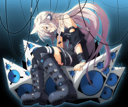 Rule 34 | 1girl, black footwear, blonde hair, blue background, blue eyes, boots, cable, full body, gradient hair, headgear, highres, ia (vocaloid), knee boots, long hair, multicolored hair, pink hair, simple background, sitting, solo, speaker, very long hair, vocaloid, wire, yuzuki kei
