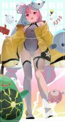 Rule 34 | 1girl, absurdres, bellibolt, blush, boots, cable, commentary request, creatures (company), eureka 814, from below, game freak, gen 4 pokemon, green hair, grey footwear, grey leotard, highleg, highleg leotard, highres, iono (pokemon), jacket, knees, leotard, long hair, multicolored hair, nintendo, open clothes, open jacket, pink eyes, pink hair, pokemon, pokemon (creature), pokemon sv, rotom, rotom phone, single thighhigh, sleeves past fingers, sleeves past wrists, standing, thigh strap, thighhighs, tongue, tongue out, twintails, two-tone hair, yellow jacket