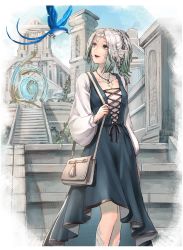 Rule 34 | 1girl, aetheryte, alternate form, architecture, arm at side, au ra, warrior of light (ff14), bag, bird, blue dress, blue sky, border, braid, building, bush, cam (cammero95713700), city, collarbone, column, commentary, cross-laced clothes, crown braid, day, dress, feet out of frame, final fantasy, final fantasy xiv, gradient hair, green eyes, green hair, handbag, hatching (texture), highres, holding strap, horn ornament, horns, in-universe location, jewelry, long sleeves, looking up, medium hair, meteion, multicolored hair, open mouth, outdoors, pendant, pillar, pinafore dress, pine tree, ponytail, puffy long sleeves, puffy sleeves, scales, side braid, sky, sleeveless dress, smile, stairs, standing, stone stairs, tassel, tree, two-tone hair, white border, white hair