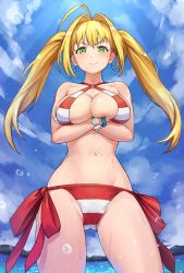 Rule 34 | 1girl, ahoge, arms under breasts, bikini, blonde hair, blue sky, breasts, cleavage, cloud, commentary, crossed arms, day, earrings, english commentary, fate/grand order, fate (series), from below, green eyes, hair intakes, halterneck, jewelry, large breasts, long hair, looking at viewer, navel, nero claudius (fate), nero claudius (fate) (all), nero claudius (swimsuit caster) (fate), outdoors, red bikini, side-tie bikini bottom, sky, smile, smug, solo, striped bikini, striped clothes, swimsuit, twintails, v-shaped eyebrows, water, water drop