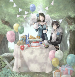 Rule 34 | 1990s (style), bad id, bad pixiv id, balloon, belt, black hair, bread, cake, cup, decimal (j decimal), closed eyes, final fantasy, final fantasy viii, flower, food, forest, fur collar, gift, jewelry, nature, necklace, rinoa heartilly, rose, squall leonhart, teacup, teapot, tree, wings