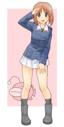 Rule 34 | 1girl, anglerfish, ankle socks, black footwear, black socks, blue jacket, boots, brown eyes, brown hair, commentary, emblem, fish, girls und panzer, green shirt, jacket, leaning to the side, long sleeves, looking at viewer, military, military uniform, miniskirt, nishizumi miho, ooarai military uniform, open mouth, outside border, pink background, pleated skirt, salute, shirt, short hair, skirt, smile, socks, solo, standing, uniform, uona telepin, white skirt, zipper