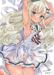 Rule 34 | 1girl, armpits, artist name, bed sheet, blush, bow, dress, grecale (kancolle), hair bow, heart, highres, kantai collection, looking at viewer, mizuta kenji, neckerchief, one-hour drawing challenge, pink bow, sailor collar, sailor dress, signature, sleeveless, sleeveless dress, solo, tongue, tongue out, twitter username, white dress, white sailor collar