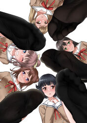 Rule 34 | 5girls, absurdres, bang dream!, black hair, black socks, blonde hair, blue eyes, blush, bow, bowtie, brown eyes, brown hair, brown shirt, buttons, character request, closed mouth, commission, double-breasted, eyelashes, feet, foot focus, foreshortening, from below, green eyes, hands up, highres, looking at viewer, multiple girls, no shoes, oirin, one eye closed, open mouth, pixiv commission, ponytail, pov, red bow, red bowtie, sailor collar, school uniform, see-through, see-through legwear, shirt, sidelocks, simple background, smile, socks, soles, stepped on, swept bangs, teeth, toes, twintails, ushigome rimi, white background, yamabuki saya