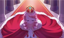 Rule 34 | 1girl, cape, column, crown, dress, drill hair, earrings, elbow gloves, elodie, closed eyes, gloves, izumi k rukawa, jewelry, kneeling, lipstick, long live the queen, makeup, pillar, pink hair, praying, princess, queen, smile, tapestry, twin drills, white gloves