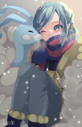 Rule 34 | 1boy, altaria, blue mittens, blue scarf, blush, boots, breath, closed mouth, commentary request, creatures (company), cuddling, game freak, gen 3 pokemon, green eyes, green hair, grusha (pokemon), highres, jacket, long hair, male focus, mittens, nintendo, one eye closed, pants, pokemon, pokemon (creature), pokemon sv, scarf, snowing, striped clothes, striped scarf, yahagi (yui1251), yellow jacket