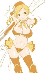 Rule 34 | &gt;:), 10s, 1girl, adapted costume, armor, armpits, bikini, bikini armor, blonde hair, breasts, cleavage, contrapposto, detached sleeves, drill hair, gun, hat, large breasts, long hair, looking at viewer, magical girl, mahou shoujo madoka magica, mahou shoujo madoka magica (anime), rifle, shinama, shiny skin, simple background, smile, solo, standing, swimsuit, thighhighs, tomoe mami, twin drills, twintails, v-shaped eyebrows, weapon, white background, yellow eyes