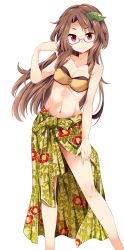 Rule 34 | 1girl, bare arms, bare legs, bikini, breasts, brown bikini, brown hair, cleavage, collarbone, contrapposto, floral print, futatsuiwa mamizou, glasses, hair ornament, highres, leaf, leaf hair ornament, leaf on head, long hair, looking at viewer, maturiuta sorato, navel, red eyes, sarong, simple background, small breasts, smile, solo, standing, stomach, swimsuit, touhou, white background