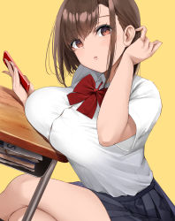 Rule 34 | 1girl, absurdres, banned artist, blue skirt, blush, bow, bowtie, breast rest, breasts, brown eyes, brown hair, cellphone, commentary request, crossed legs, desk, fay (fay axl), hand up, highres, holding, holding phone, large breasts, long hair, looking at another, looking at viewer, original, parted lips, phone, pleated skirt, red bow, red bowtie, school desk, school uniform, shirt, simple background, sitting, skirt, smartphone, solo, thighs, white shirt, yellow background